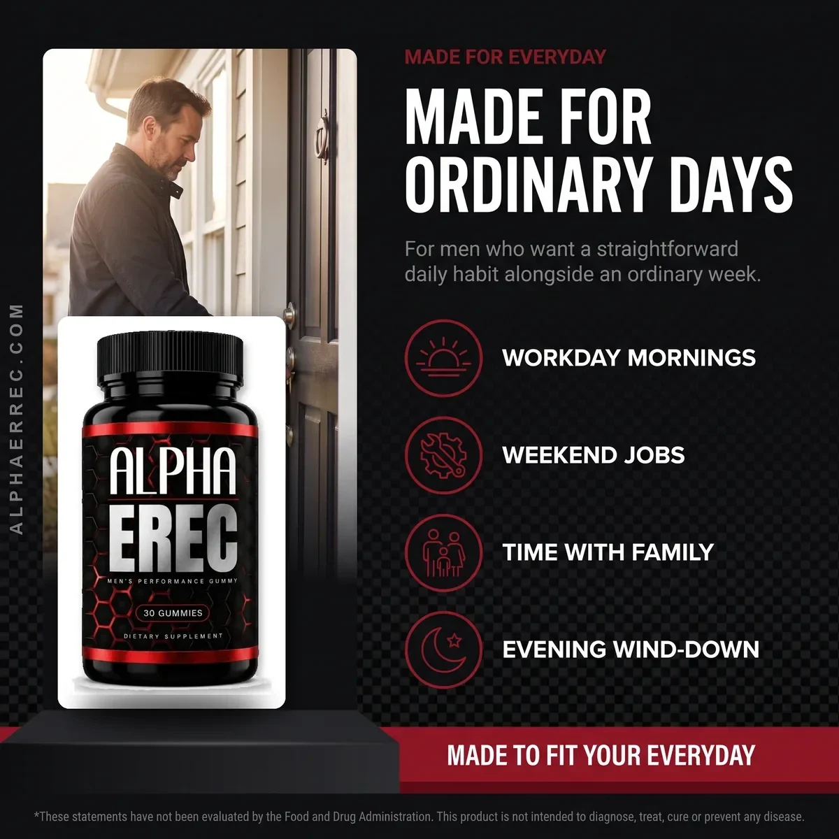 Everyday-use illustration made for this site, headed Made for ordinary days: a man at his front door beside the Alpha Erec bottle, with workday mornings, weekend jobs, time with family and evening wind-down listed